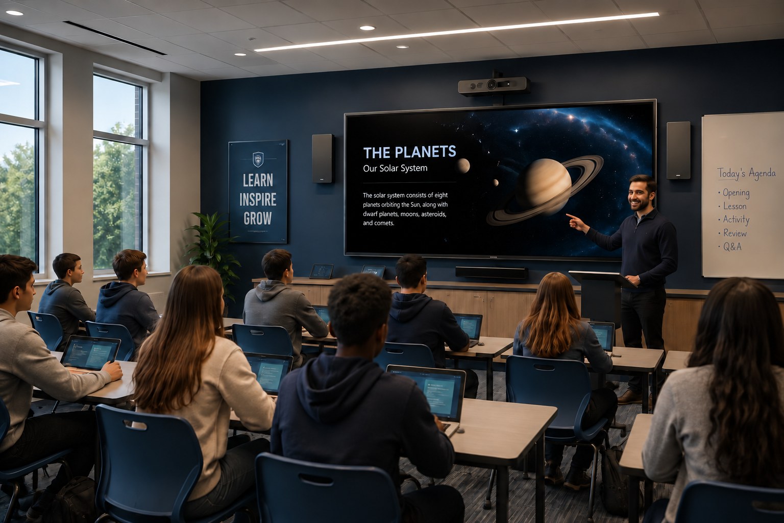 Students in a modern classroom using a large interactive display