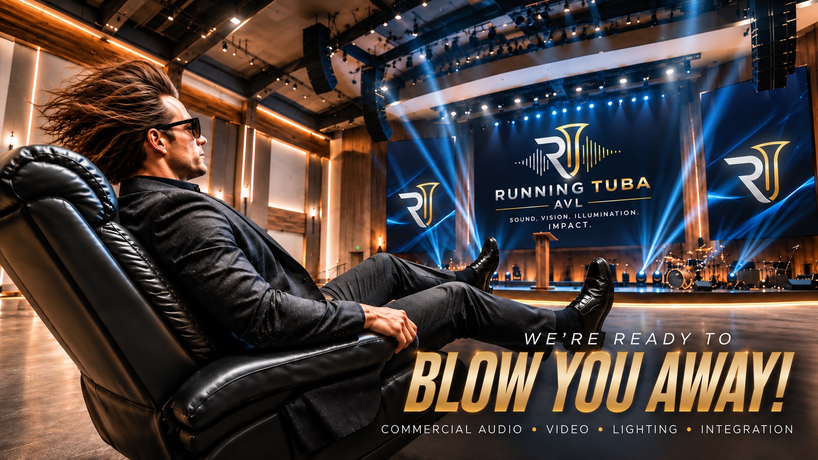 Running Tuba AVL campaign artwork: We're ready to blow you away — commercial audio, video, lighting and integration
