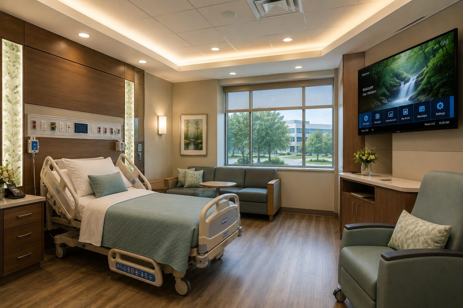 Patient room with a wall-mounted interactive display