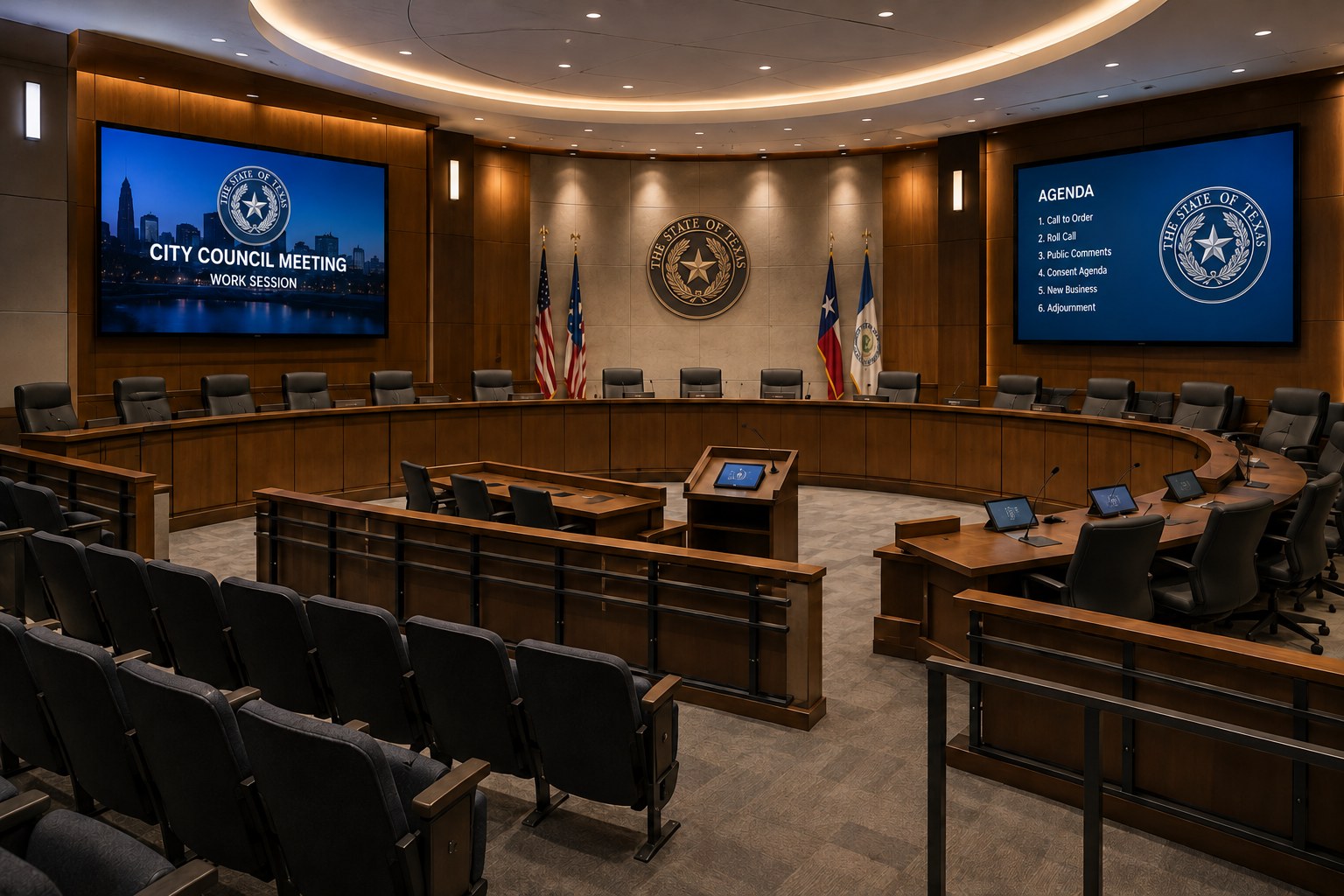 City council chamber with dais displays and microphones