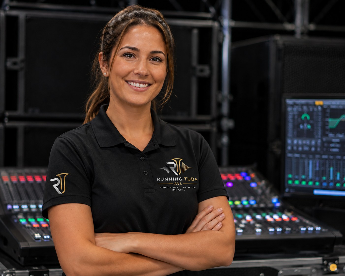 Running Tuba AVL audio specialist standing at a live mixing console