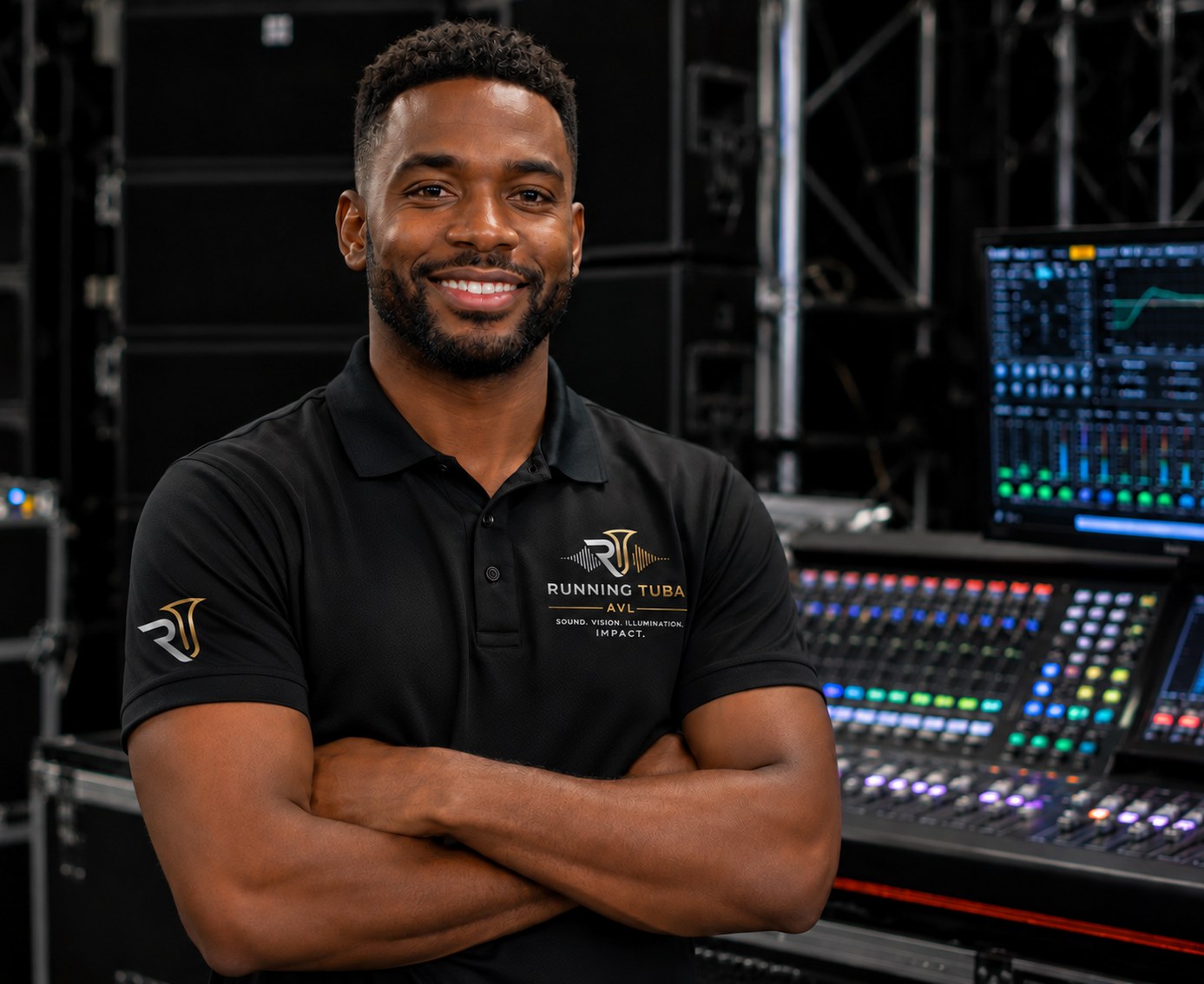 Running Tuba AVL systems engineer standing at a live mixing console