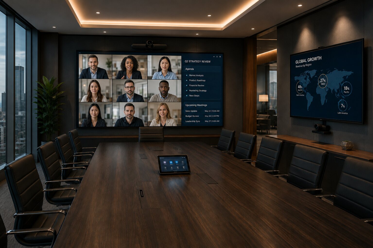 Executive boardroom with a video conference wall in session