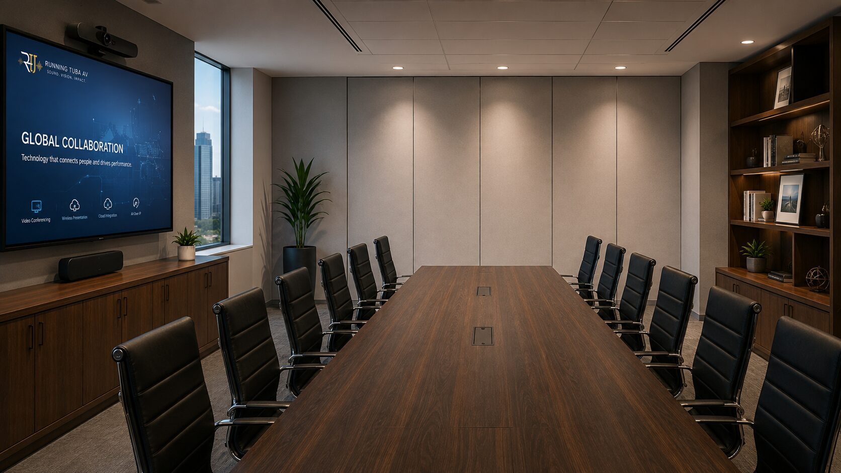 Executive boardroom with a wall-mounted display, camera bar, ceiling loudspeakers and in-table connectivity