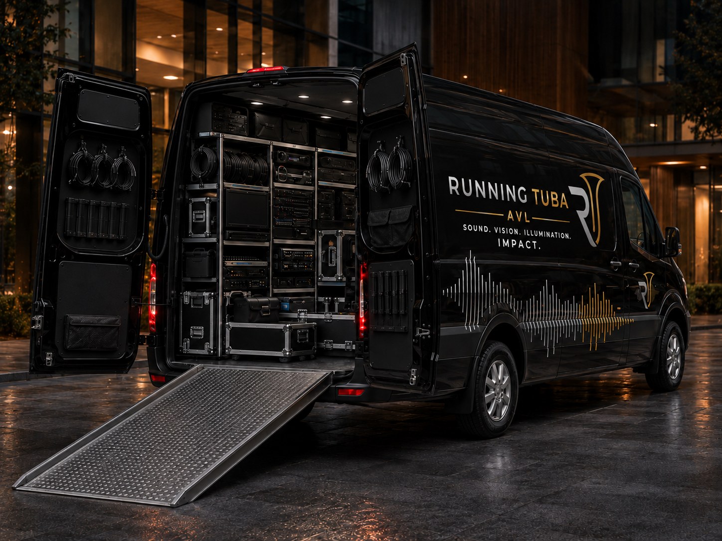 A Running Tuba AVL technician rolling a road case down the ramp of a fully racked, branded service van