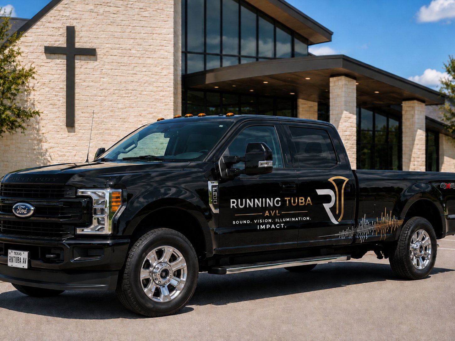 Branded Running Tuba AVL truck at a campus building