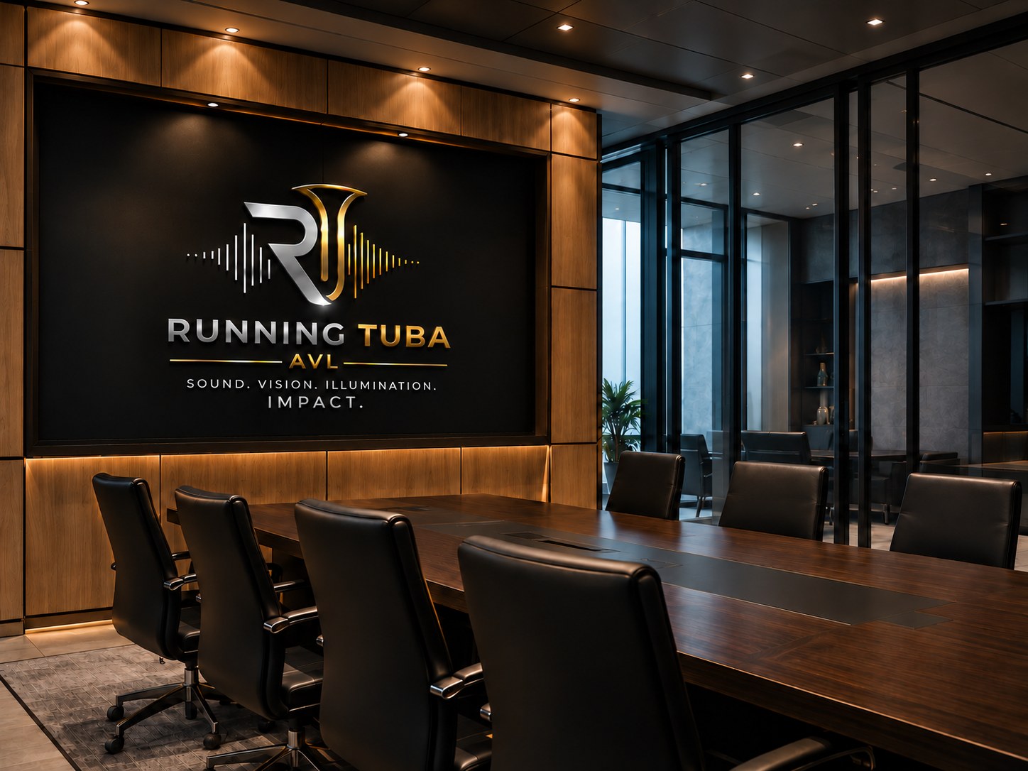 Executive boardroom with Running Tuba AVL branding on the main display