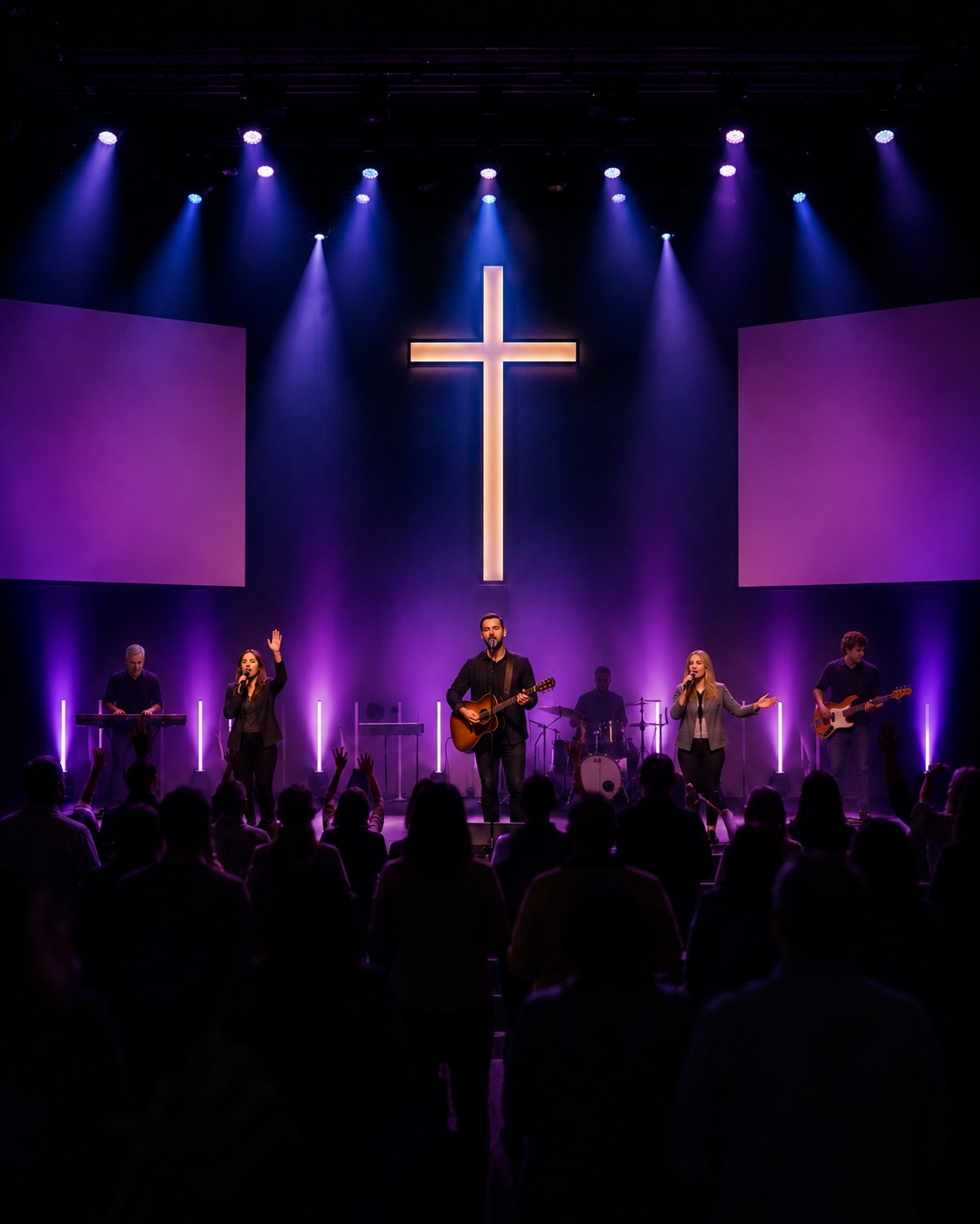 Worship stage with LED walls and concert lighting